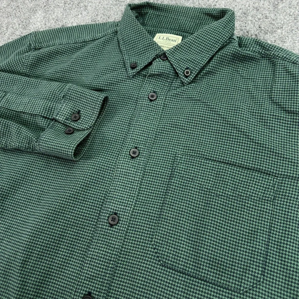 LL Bean Shirt Mens LT Tall Green Wicked Good Flannel Houndstooth Slightly Fitted